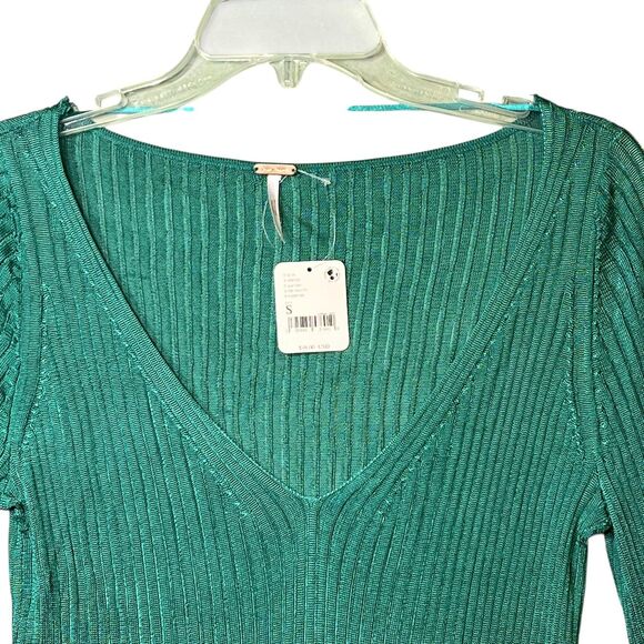 Free People Sweater Womens Small Green Ribbed V-Neck Long Sleeve Knit OB1361173 - Picture 10 of 13